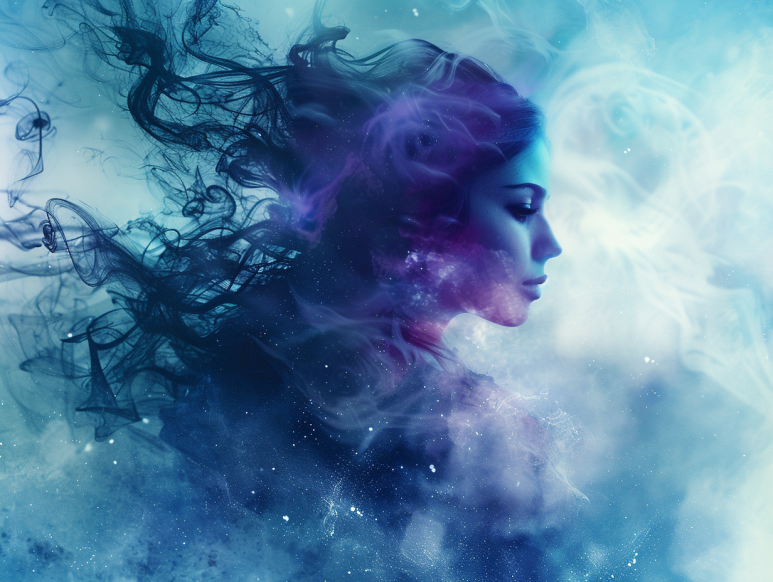 Frau in windigem Universum