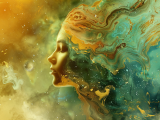 Frau mit Wasserfarben im grünen Universum