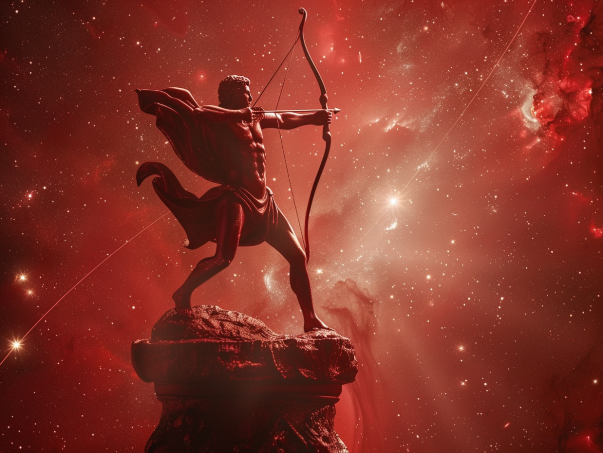 Antike Statue von Mann mit Pfeil und Bogen in rotem Universum