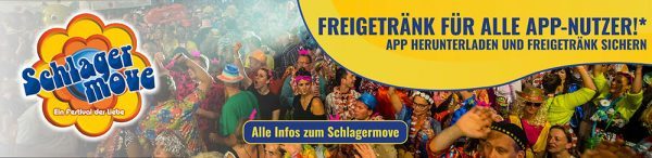 Im Hintergrund auf dem Banner siehst du eine ausgelassene Menschenmenge auf einer Party. Haupttext (Zentraler Fokus):
Freigetränk für alle App-Nutzer! Lade die App herunter und sichere dir dein Freigetränk. Call-to-Action (Button): Alle Infos zum Schlagermove.