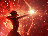 Frau mit Pfeil und Bogen in rotem Universum