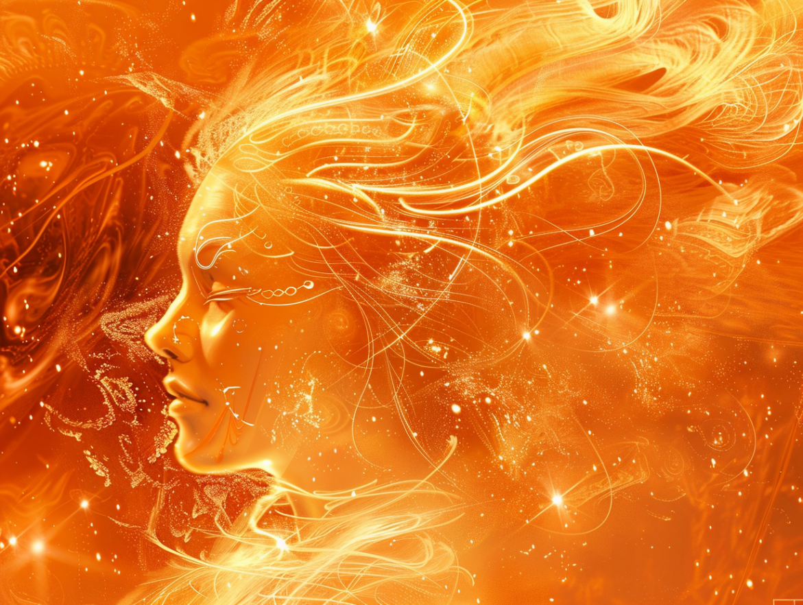 Zeichnung von Frau mit goldenen Haaren im goldenen Universum.