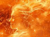 Zeichnung von Frau mit goldenen Haaren im goldenen Universum.