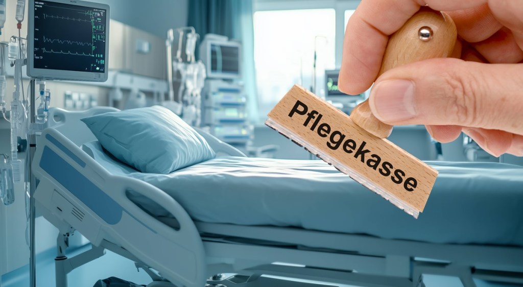 Pflegekasse and is held in front of a fictitious picture of a sick room in a nursing home FOTOMONTAGE