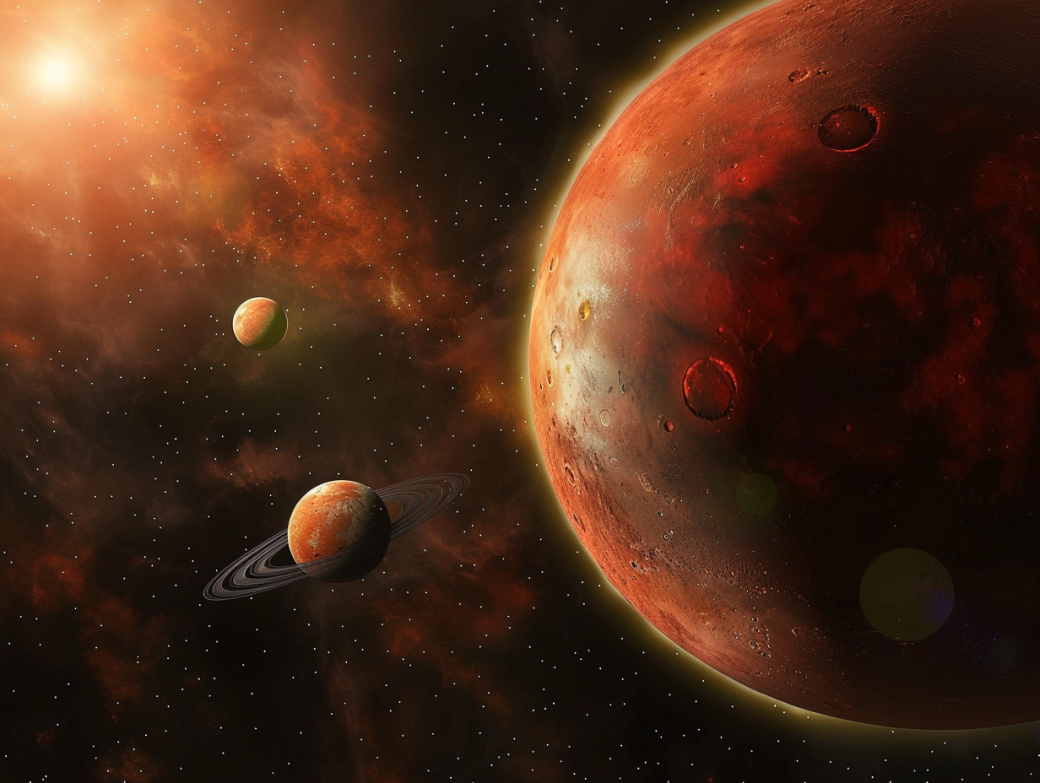 Verschiedene Planeten in Universum mit roten Farben